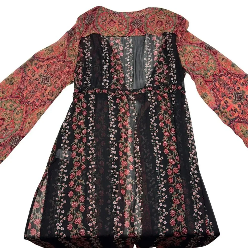 No Boundaries Paisley Floral Boho Hippie Long Semi-Sheer Kimono Women's SZ L/XL
